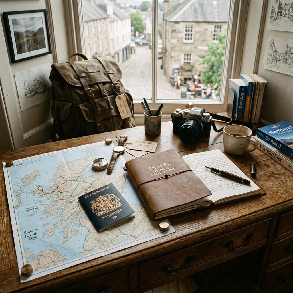Travel desk with Scotland map, passport, journal, camera, backpack, and village view